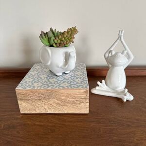 Whimsical White Home Decor Set Elephant Succulent Planter Yoga Frog Wooden Box